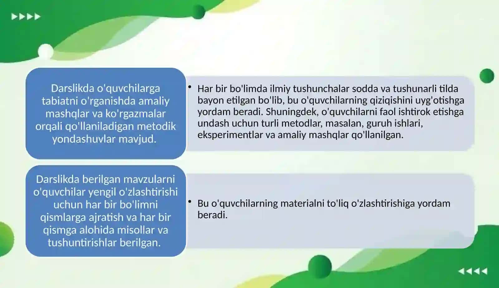 4-sinf "Tabiiy fanlar" darsligining mazmuni va strukturasi 4