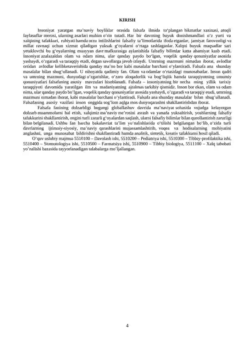 FALSAFA FANIDAN O`QUV – USLUBIY MAJMUA 4