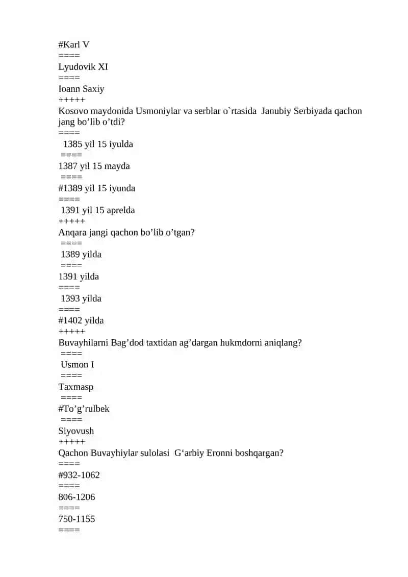 Jahon tarixi fanidan 2-kurs 2- semester uchun test savollari 4