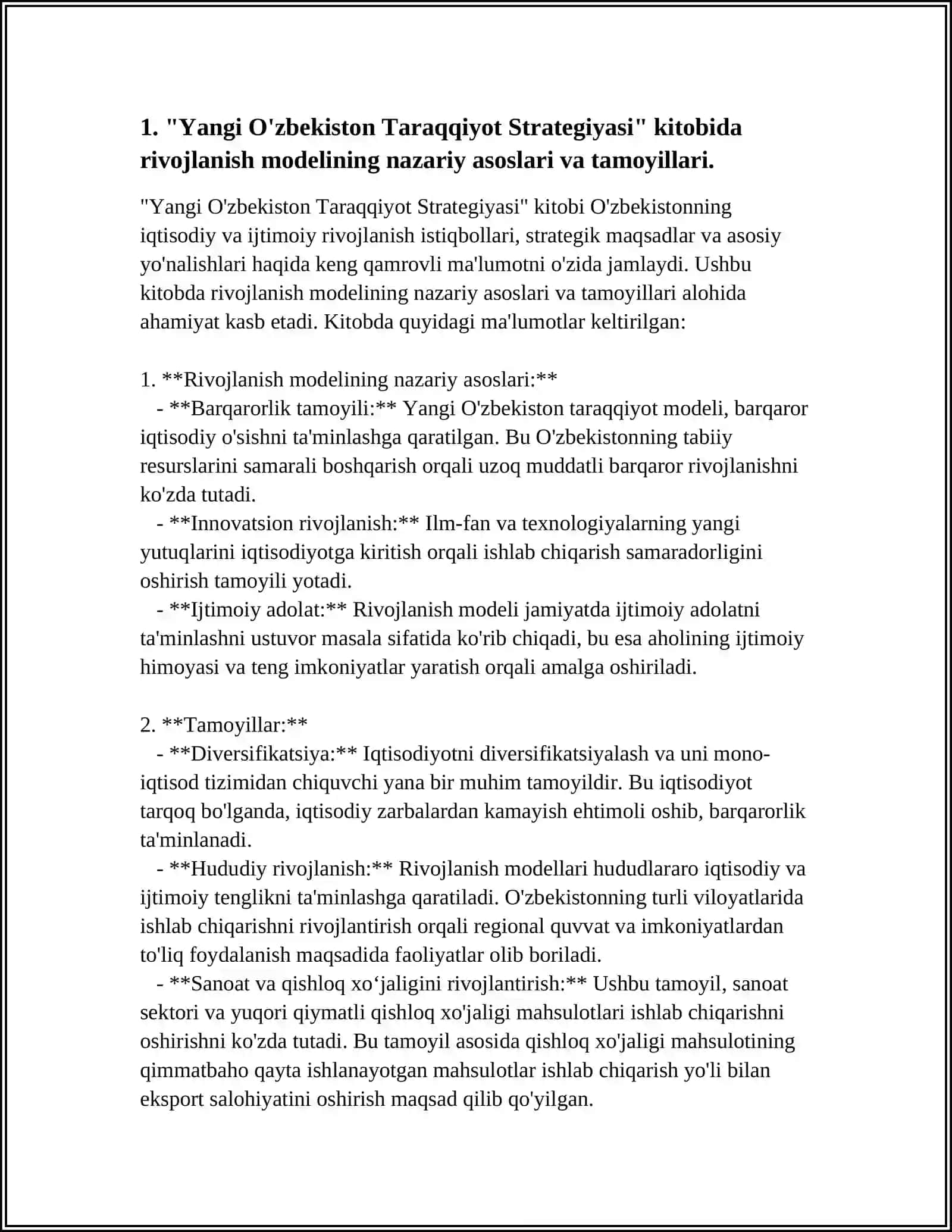 O‘ZBEKISTON RESPUBLIKASI PREZIDENTI SH.M.MIRZIYOYEVNING "YANGI O'ZBEKISTON TARAQQIYOT STRATEGIYASI" KITOBIDA RIVOJLANISH MODELI VA UCHINCHI RENESSANS TUSHUNCHALARI MAVZUSIDA ESSE TAYYORLASH 4