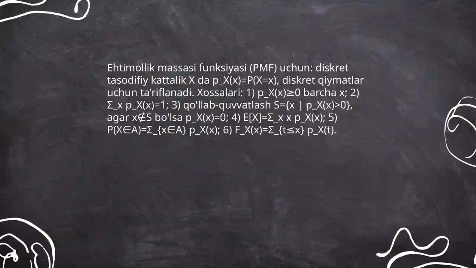 Diskret tasodifiy miqdorlarning sonli tavsiflari 4