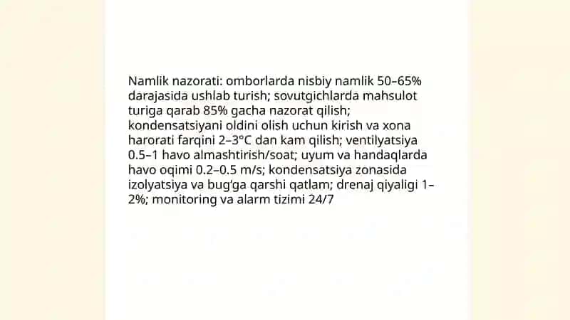 Omborhona, sovutgichlar, uyum va handaqlarda tanlangan saqlash usulining xususiyatlari 4