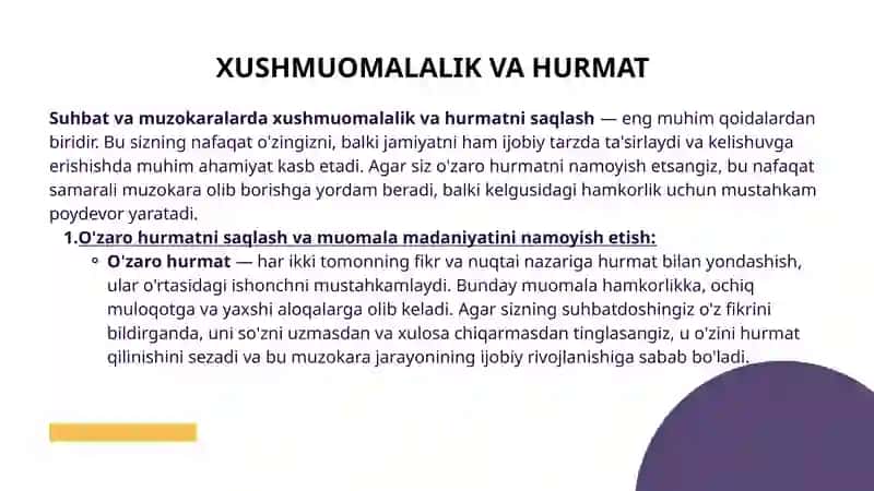 HAMKORLAR BILAN SUHBAT VA MUZOKARALAR O'TKAZISH ETIKETI 4