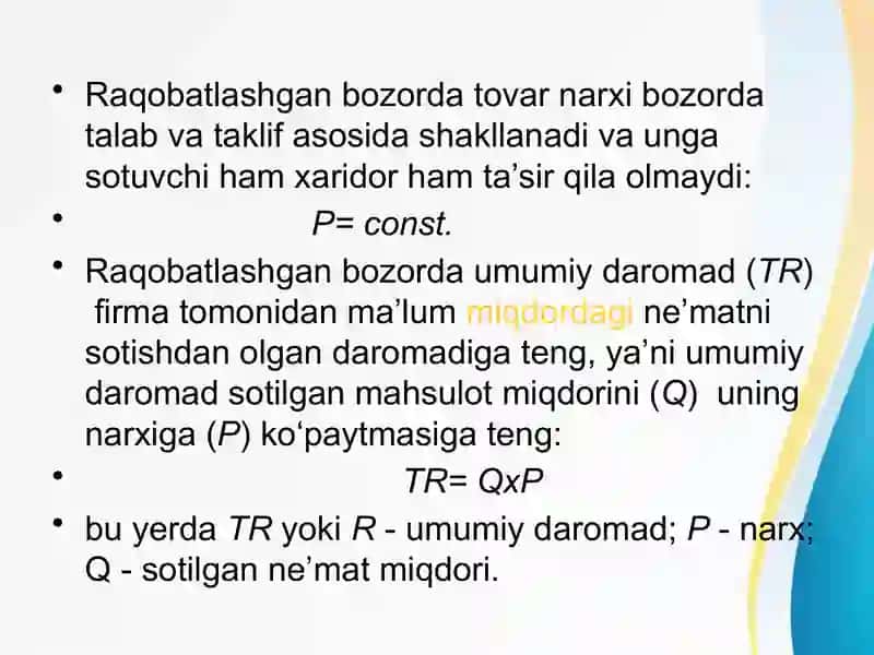 Raqobatlashgan bozorlardagi firmalar faoliyati 4