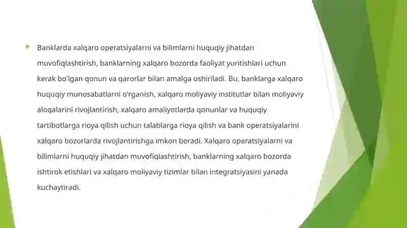 BANKLARDA XALQARO OPERATSIYALARI VA BILIMLARNI HUQUQIY JIHATDAN MUVOFIQLASHTIRISH 4
