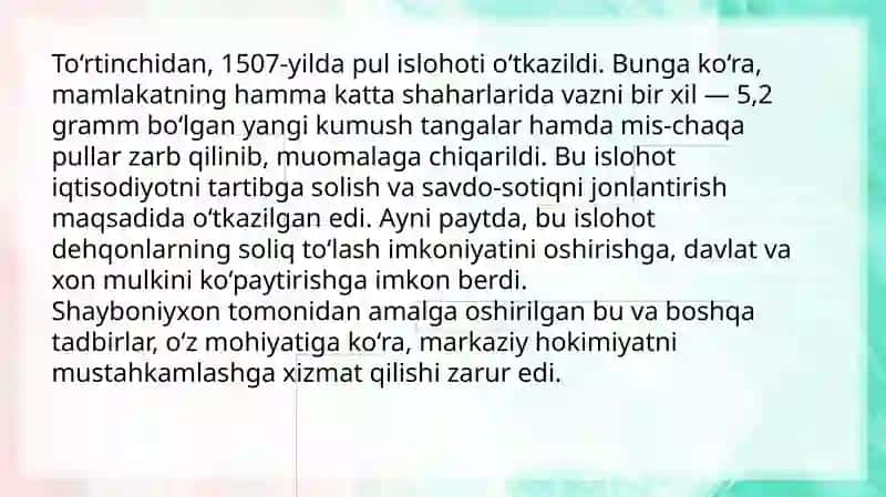 Shayboniylar o‘tkazgan islohotlar 4