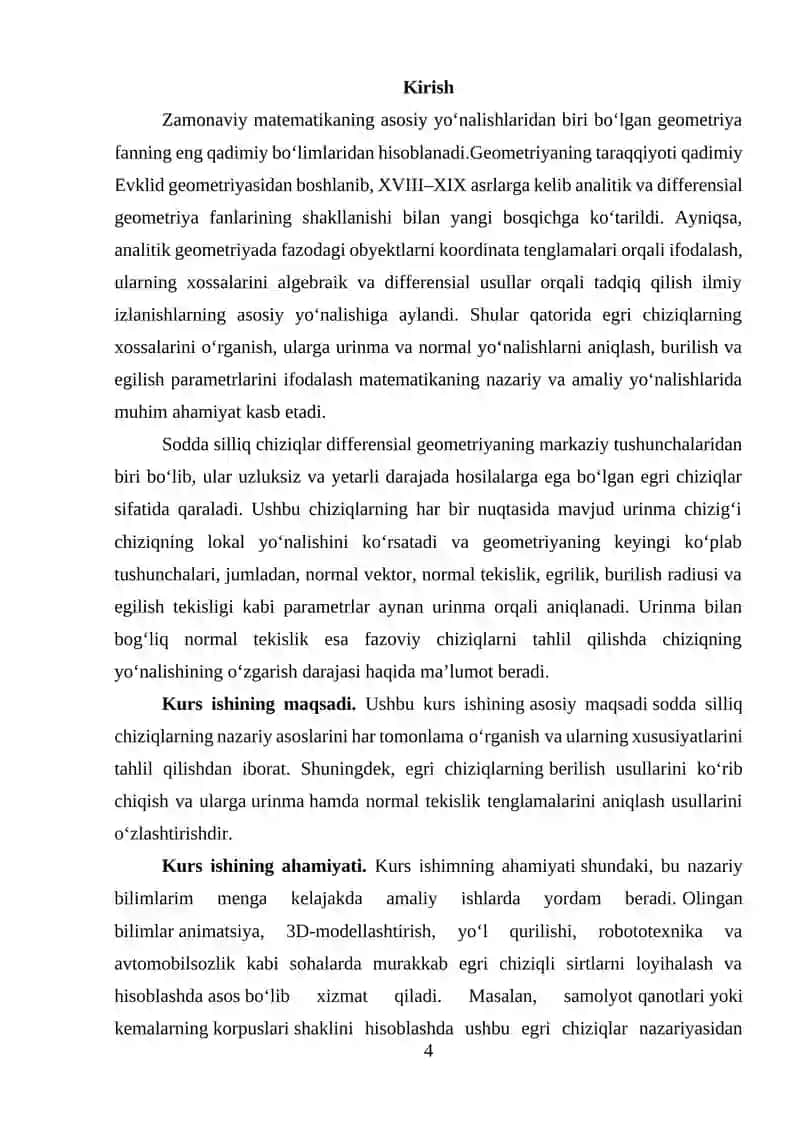 Sodda silliq chiziqlar va ularga o‘tkazilgan urinma. Normal tekislik 4