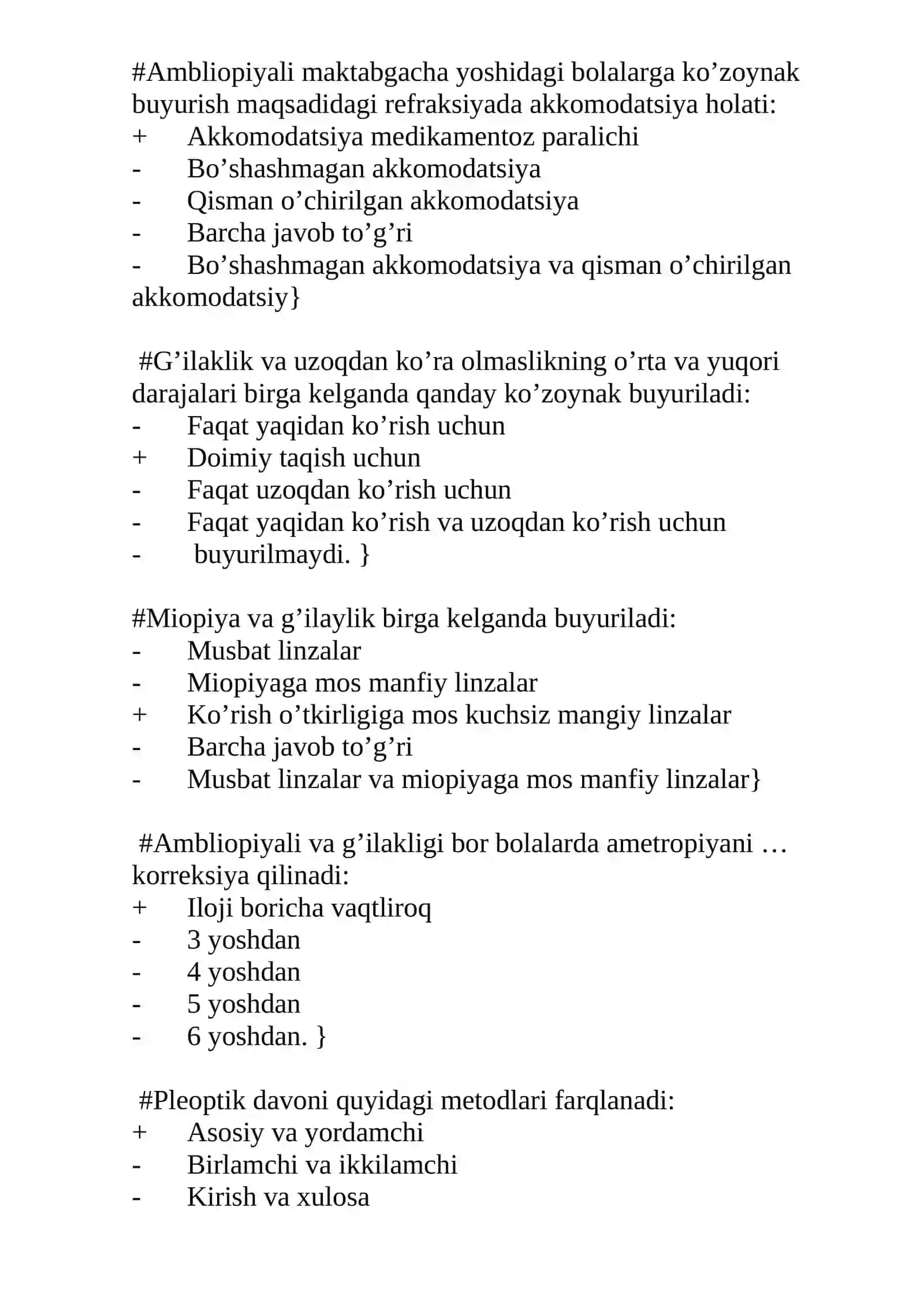 ko'z glaznoy test savollari to'g'ri javobi bilan 4