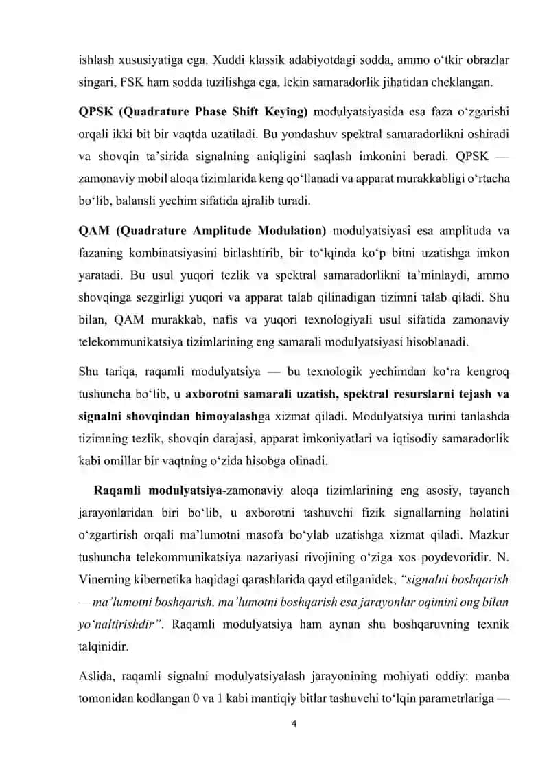 Raqamli modulyatsiya turlari (QPSK, QAM, FSK)ning tahlili va solishtirilishi 4