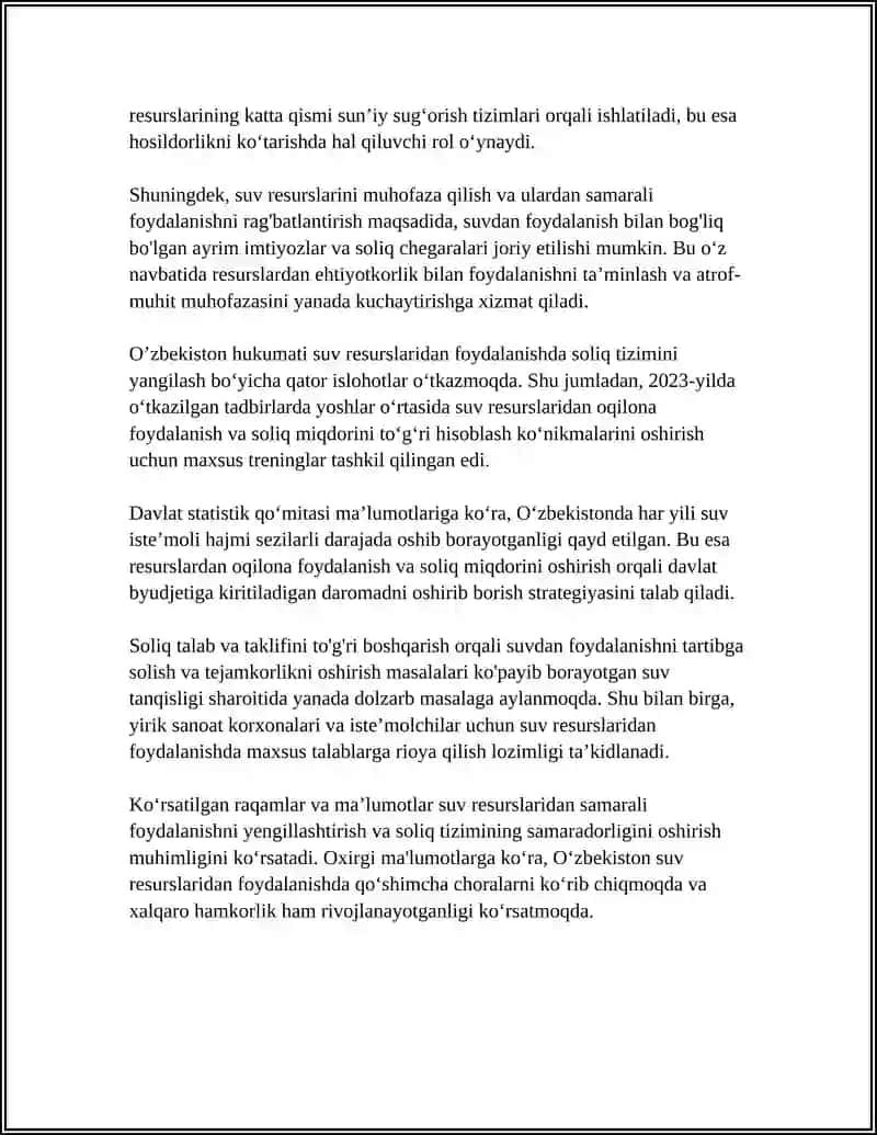SUV RESURSLARIDAN FOYDALANGANLIK UCHUN SOLIQ 4