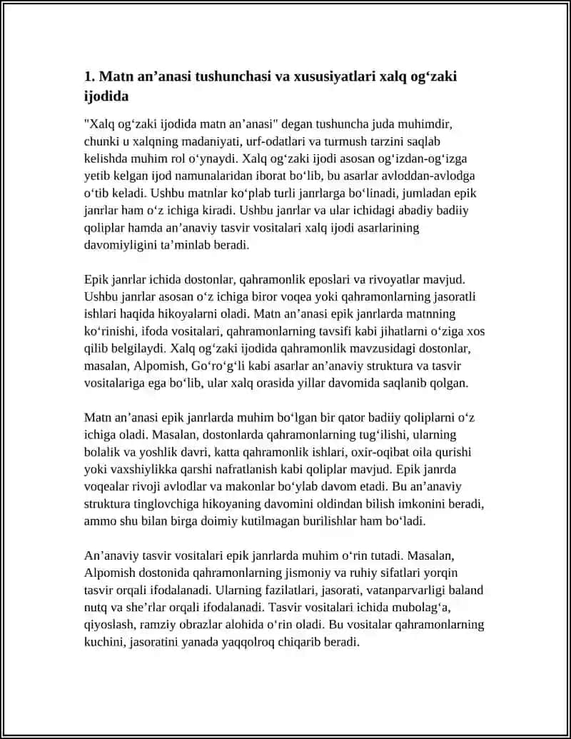 XALQ OGʻZAKI IJODIDA MATN ANʼANASI. EPIK JANRLARDA ABADIY BADIIY QOLIPLAR VA ANʼANAVIY TASVIR VOSITALARI 4