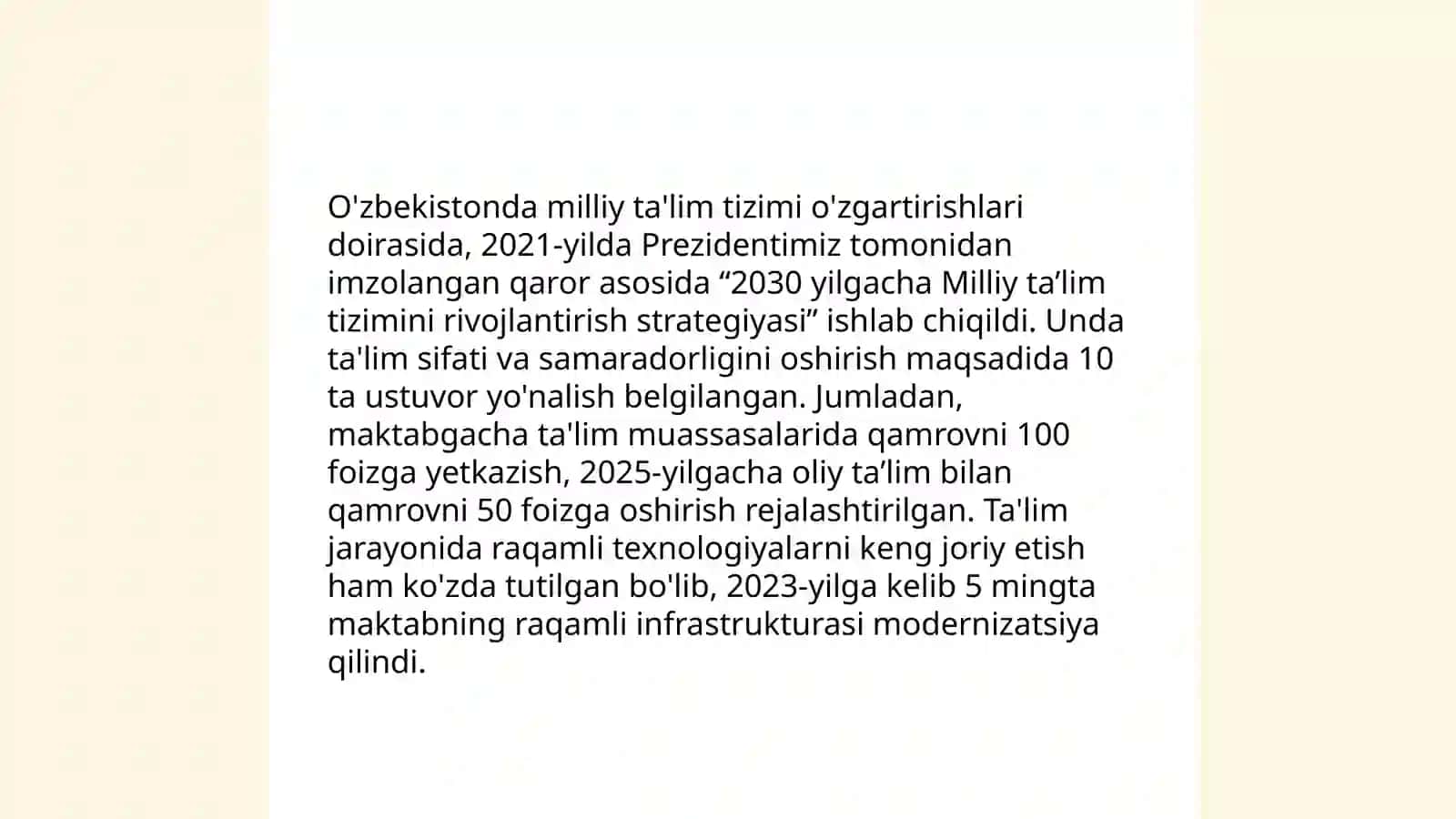 Mustaqillik yillarida Oʻzbekistonda taʼlim sohasidagi islohotlar 4