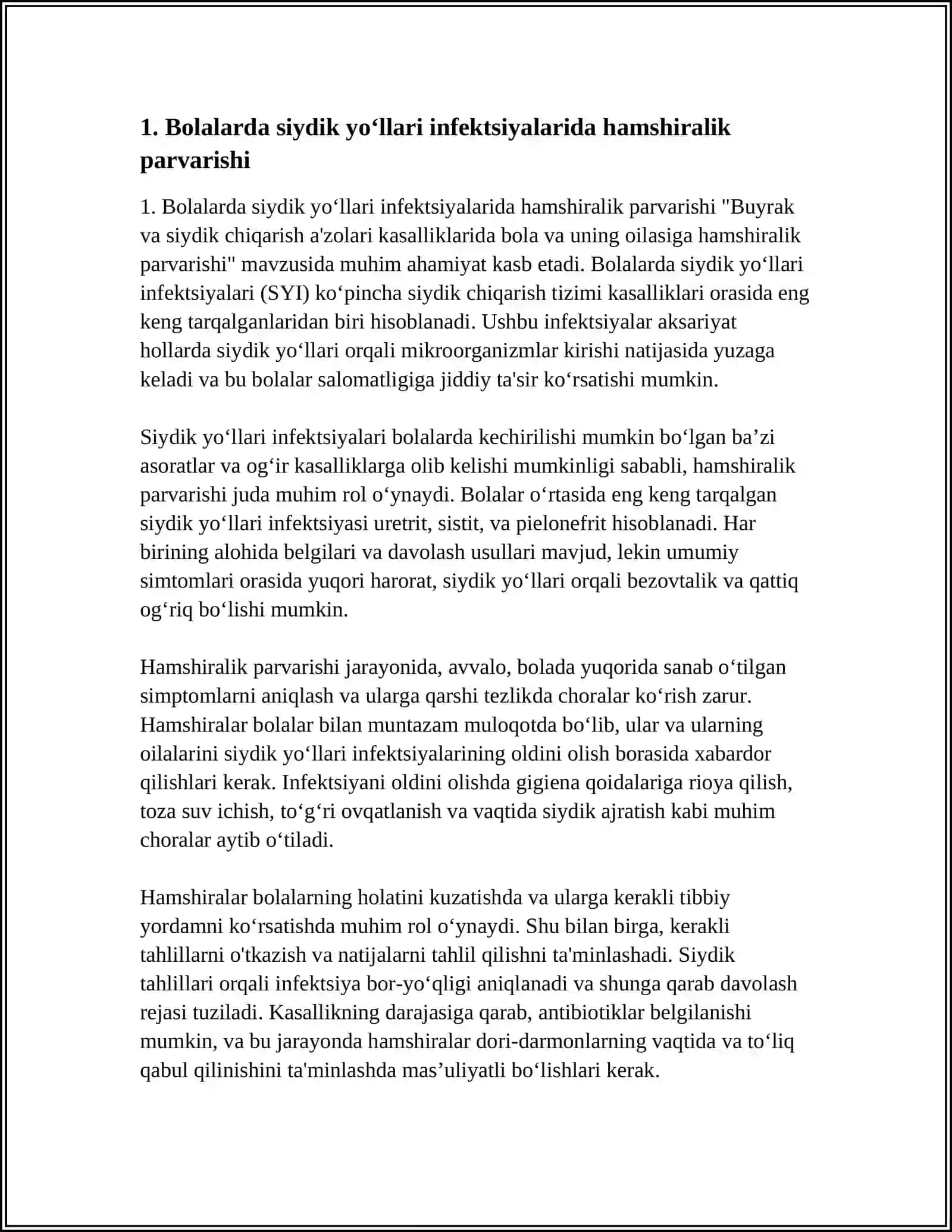BUYRAK VA SIYDIK CHIQARISH A'ZOLARI KASALLIKLARIDA BOLA VA UNING OILASIGA HAMSHIRALIK PARVARISHI 4