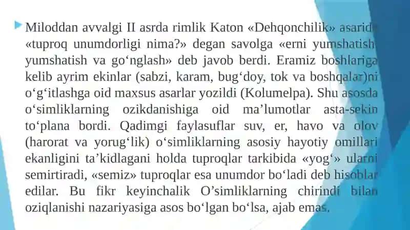 O‘simliklar oziqlanishi,tuproq unumdorligi 4