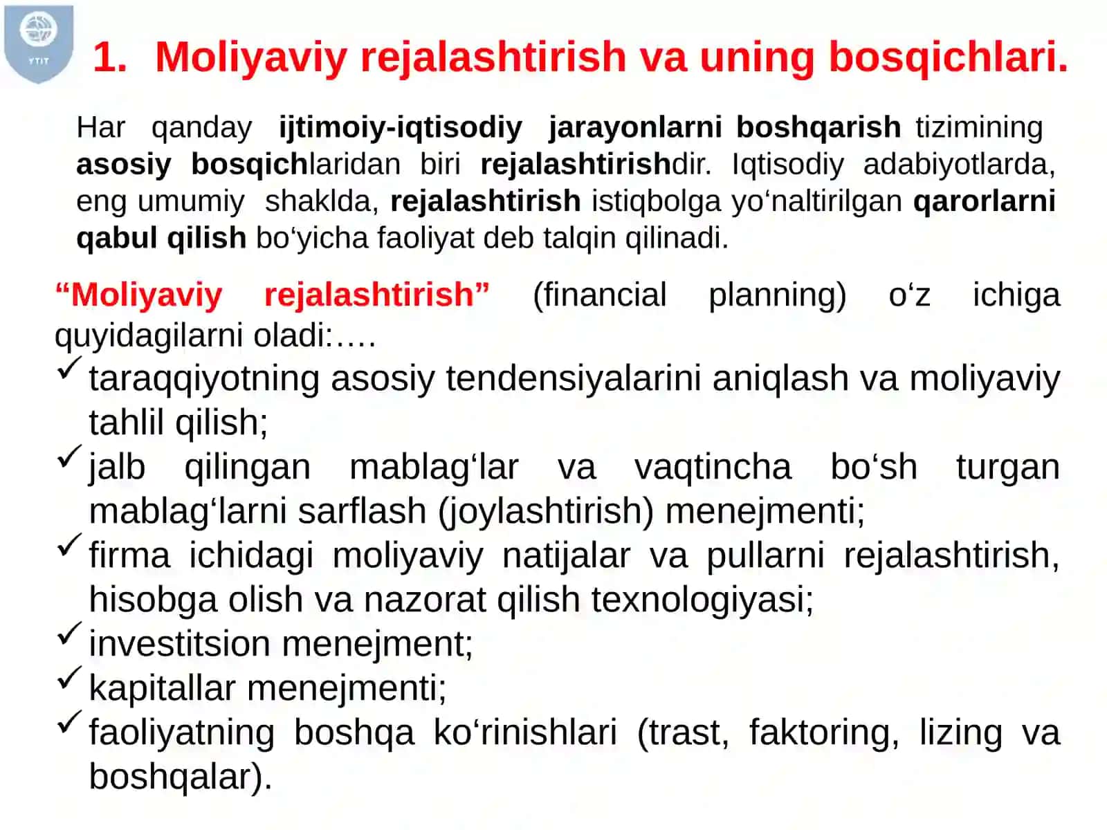 Moliya fanining rejasi 4