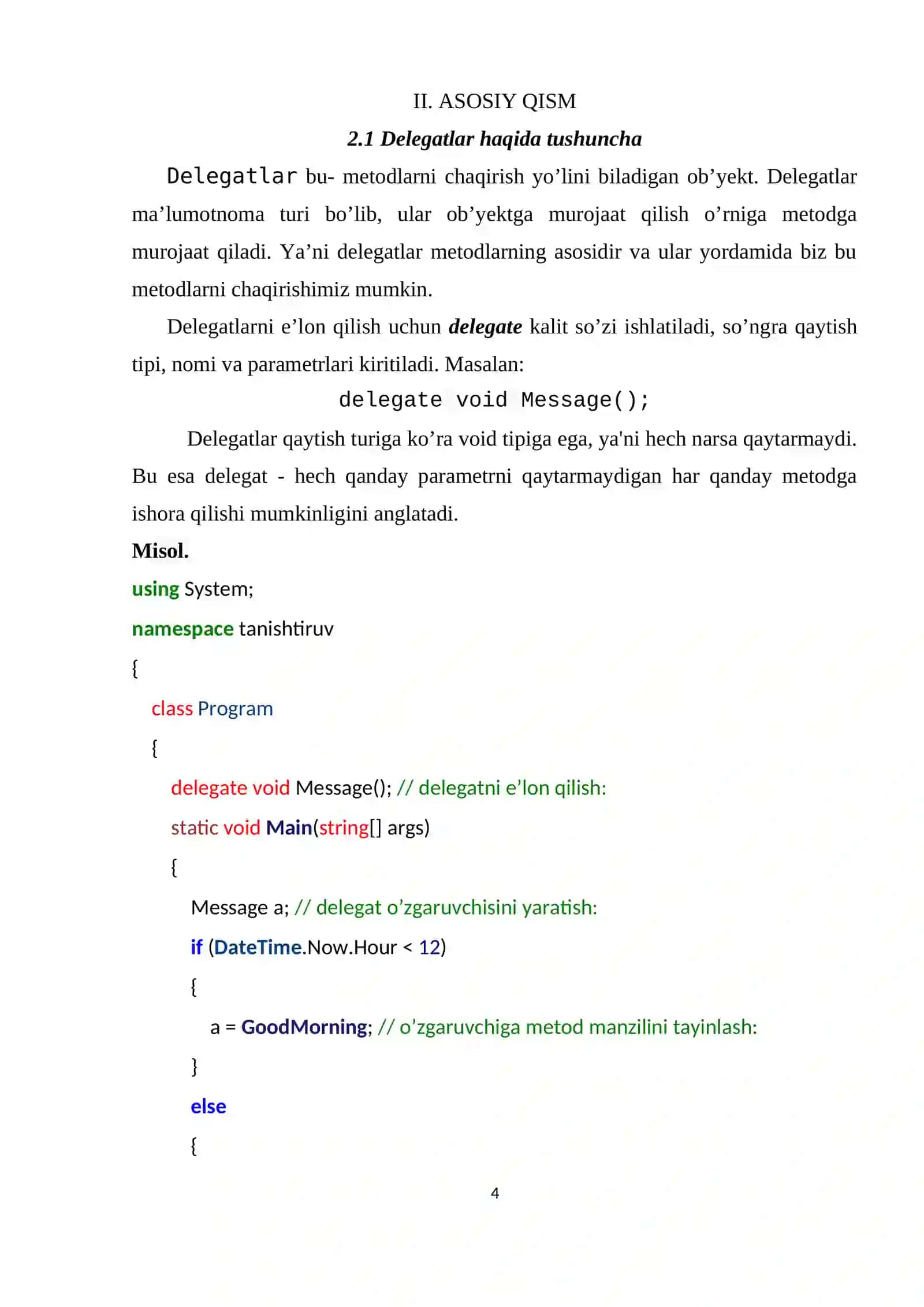 Dasturlash asoslari - C# dasturlash tilida delegatlar bilan ishlash 4