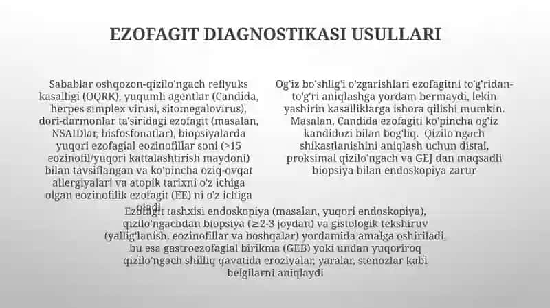 Ezofagit etiologiyasi, klinikasi, diagnostikasi, og'iz boshlig'idagi o'ziga xos o'zgarishlar 4