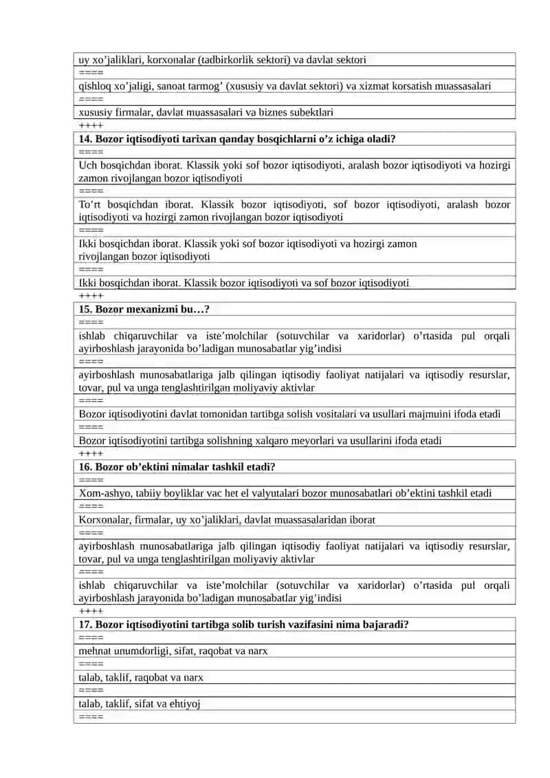 Maktab menejmenti yo’nalishi 1-kurslar uchun iqtisodiyot fanidan test savollari 4