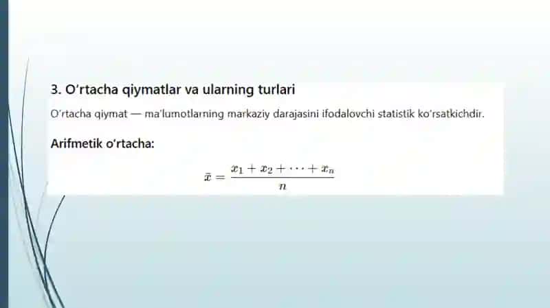 Matematik statistika asoslari. Variatsion qator. O‘rtacha qiymat. Dispersiya 4