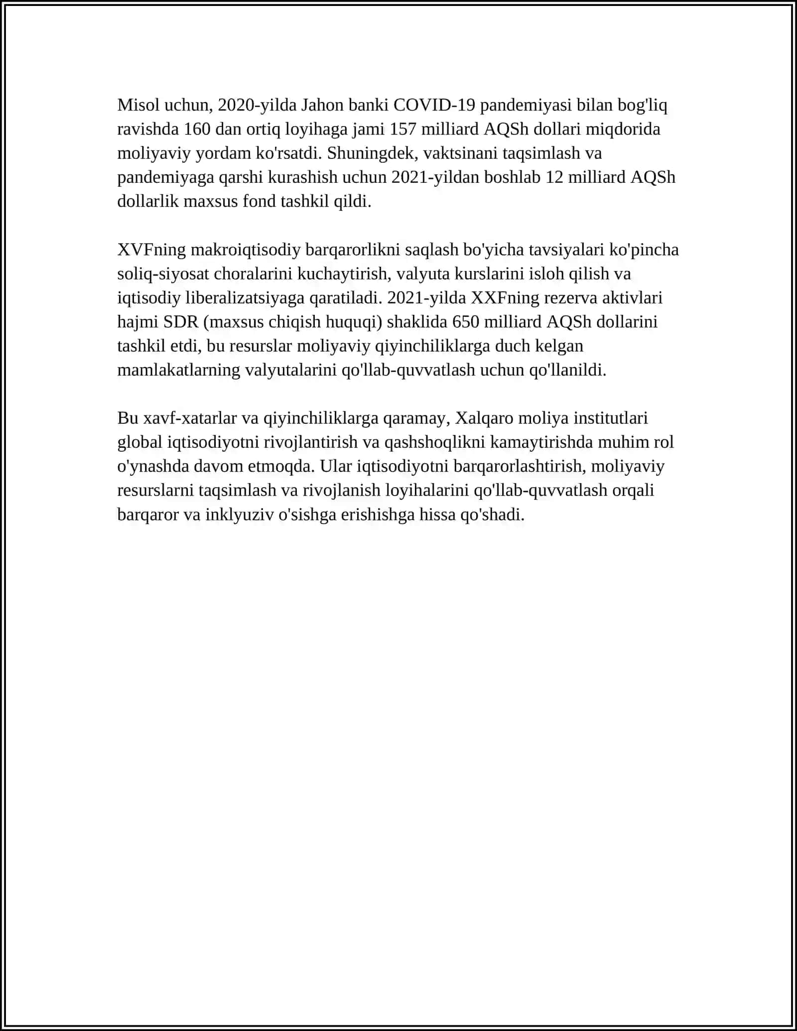 MUSTAQIL ISH Mavzu: THE ENVIRONMENT FOR THE DEVELOPMENT OF INTERNATION ECONOMIC 4