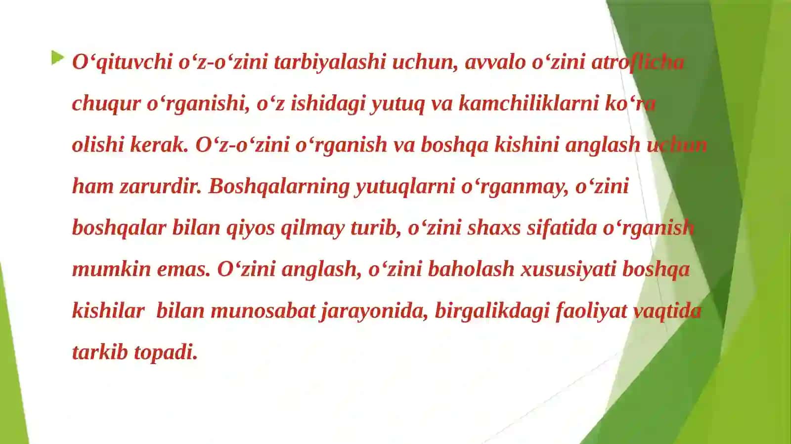 O‘Z-O‘ZINI TARBIYALASH VA O‘Z USTIDA ISHLASH. PEDAGOGIKA TAJRIBANI TO‘PLASH TIZIMI 4