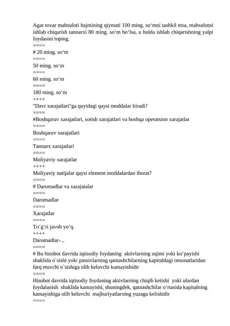 “MOLIYAVIY TAHLIL” FANIDAN TEST SAVOLLARI 4