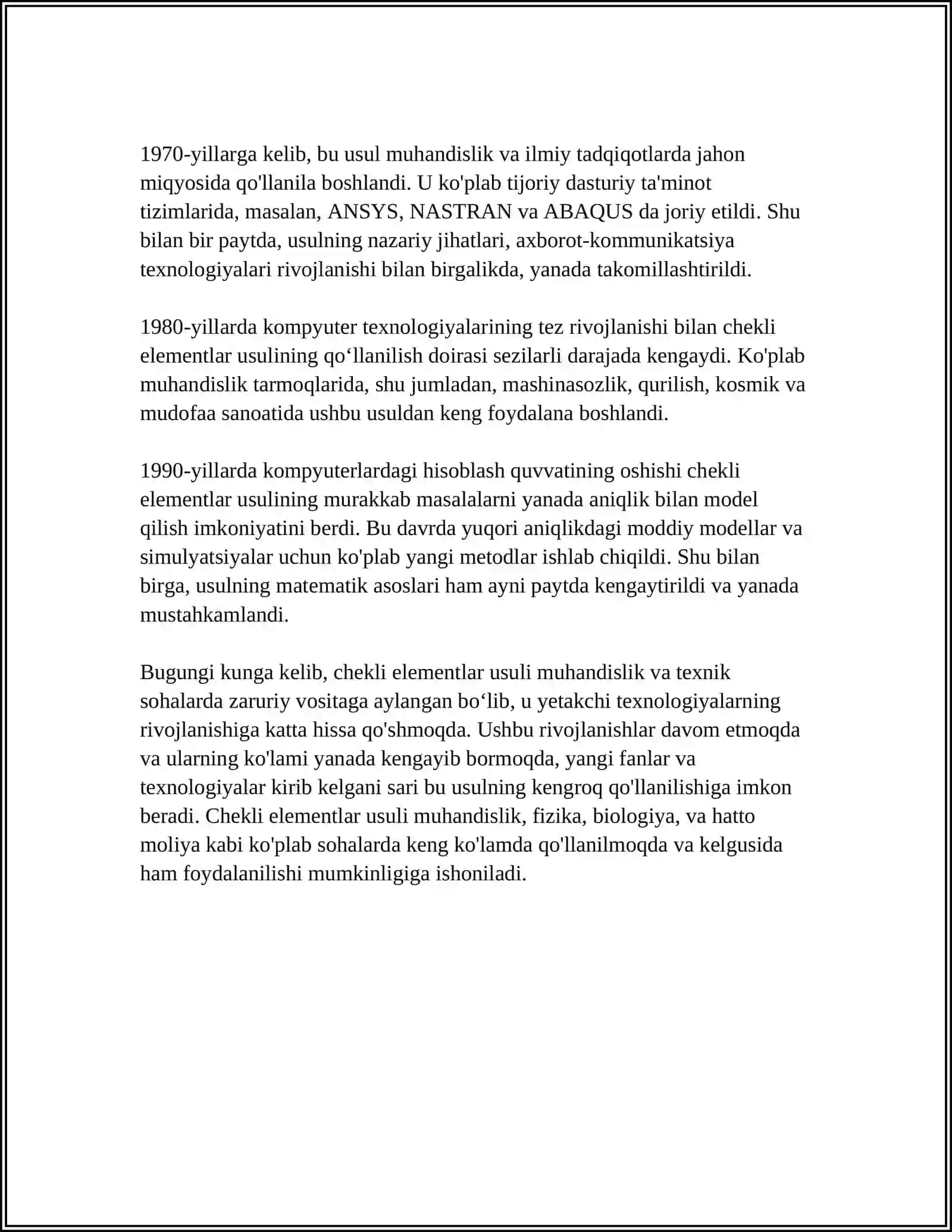 CHEKLI ELEMENTLAR USULI YORDAMIDA SONLI MADELLASHTIRISH 4