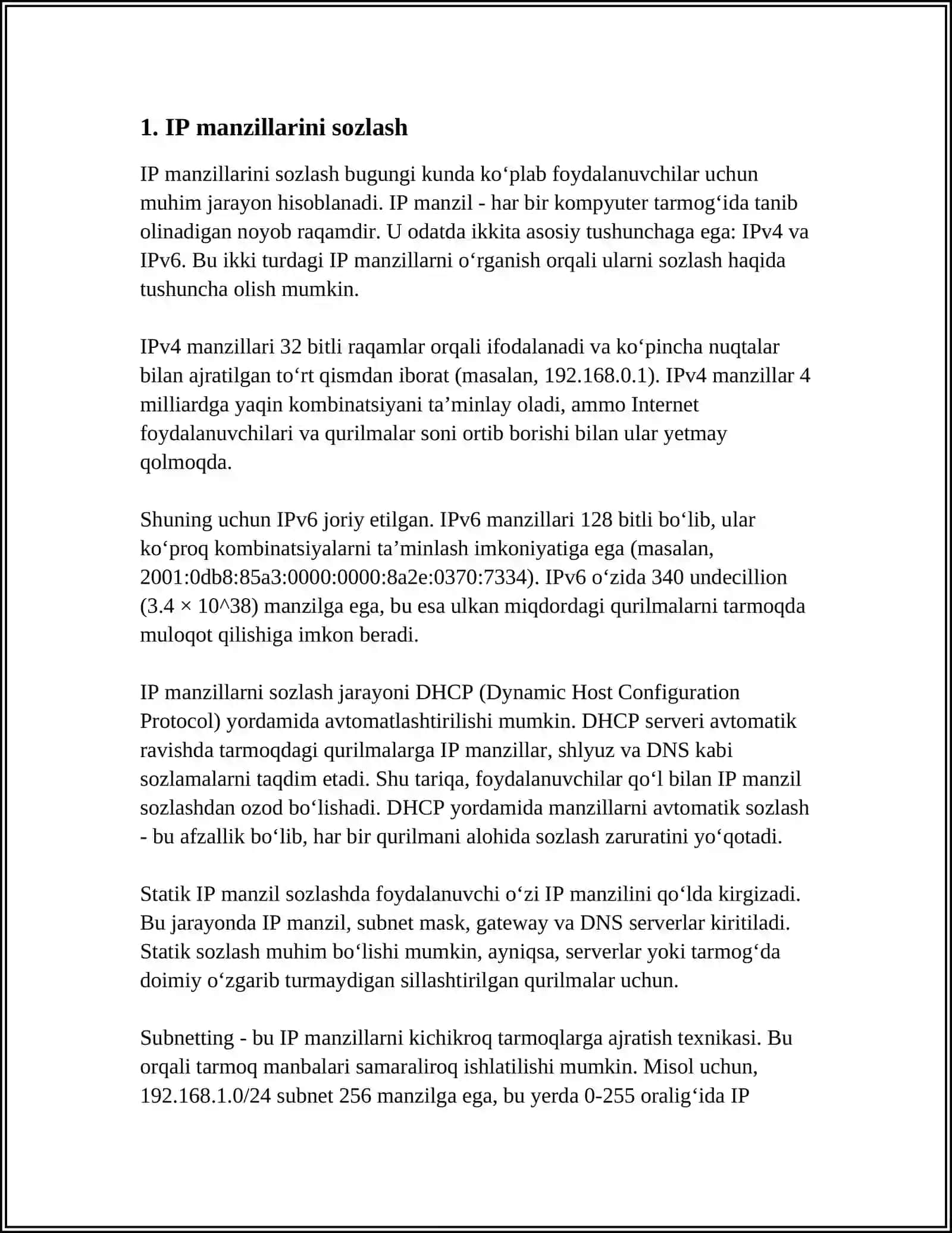 CISCO PACKET TRACER YORDAMIDA TARMOQ SIMULYATSIYASI: TARMOQ YARATISH VA SOZLASH 4