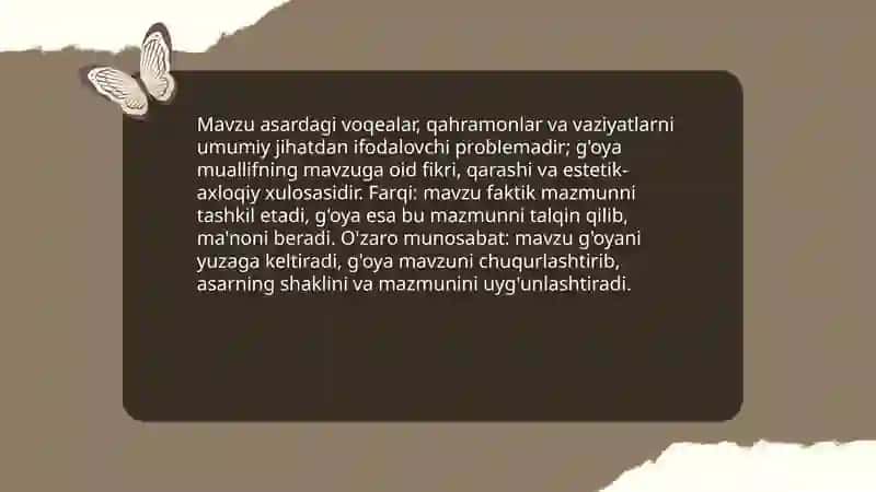 Badiiy asarda mazmun va shakl. Mavzu va g'oya 4