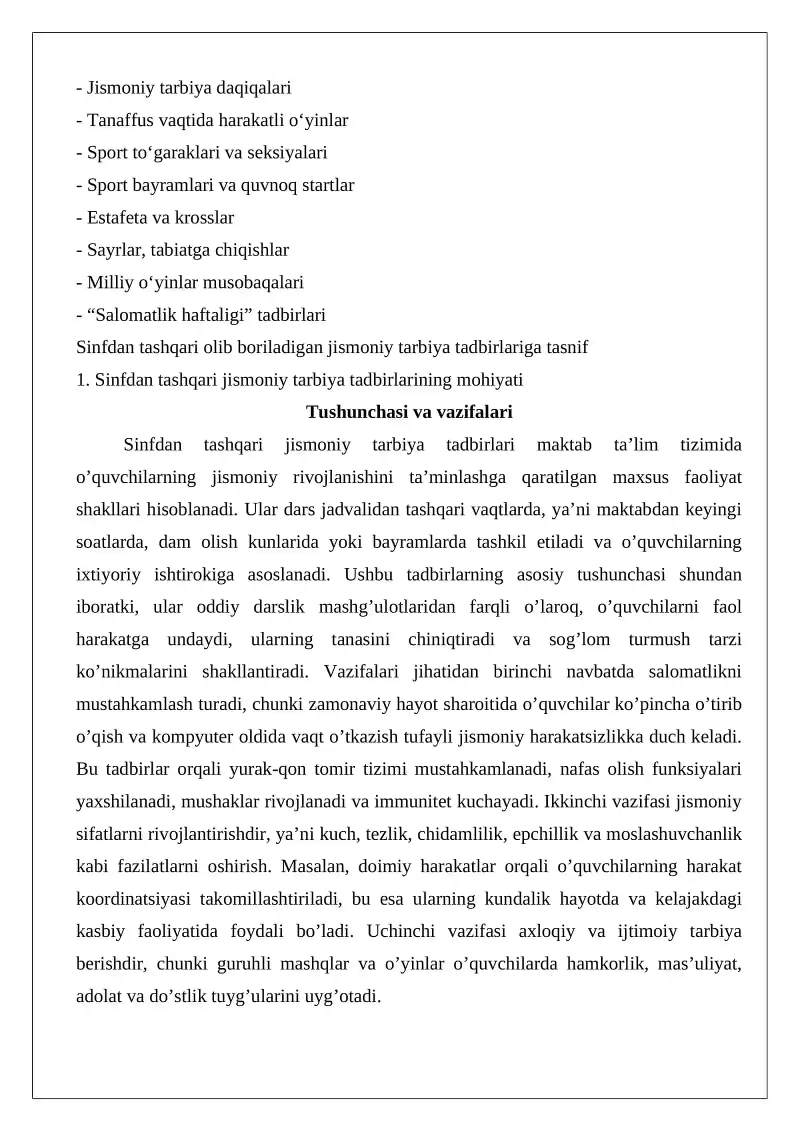 Sinfdan tashqari olib boriladigan jismoniy tarbiya tadbirlariga tasnif 4
