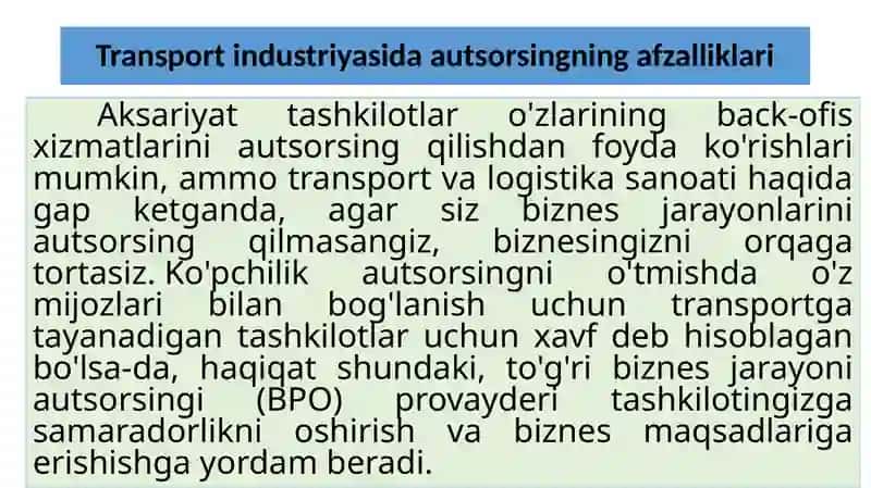 Trаnspоrt хizmаt bоzоridа аutsоrsingdаn fоydаlаnish 4