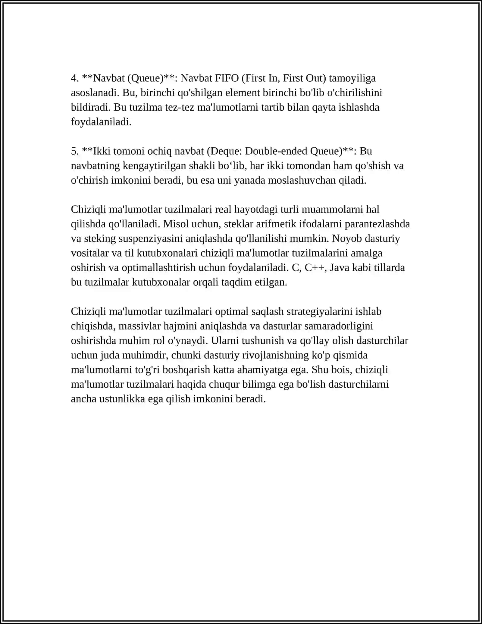 MUSTAQIL ISH Mavzu: CHIZIQLI MA'LUMATLAR TUZILMALARI 4