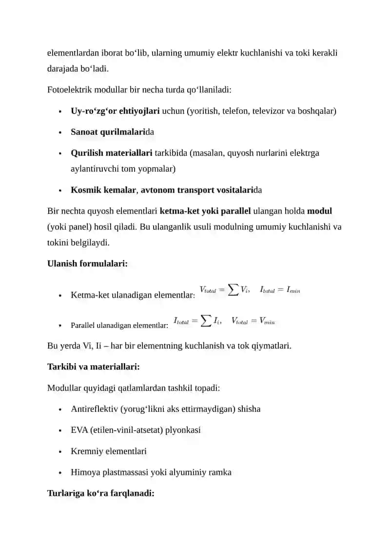 QUYOSH FOTOELEKTRIK ELEMENTLARI VA MODULLARI 4