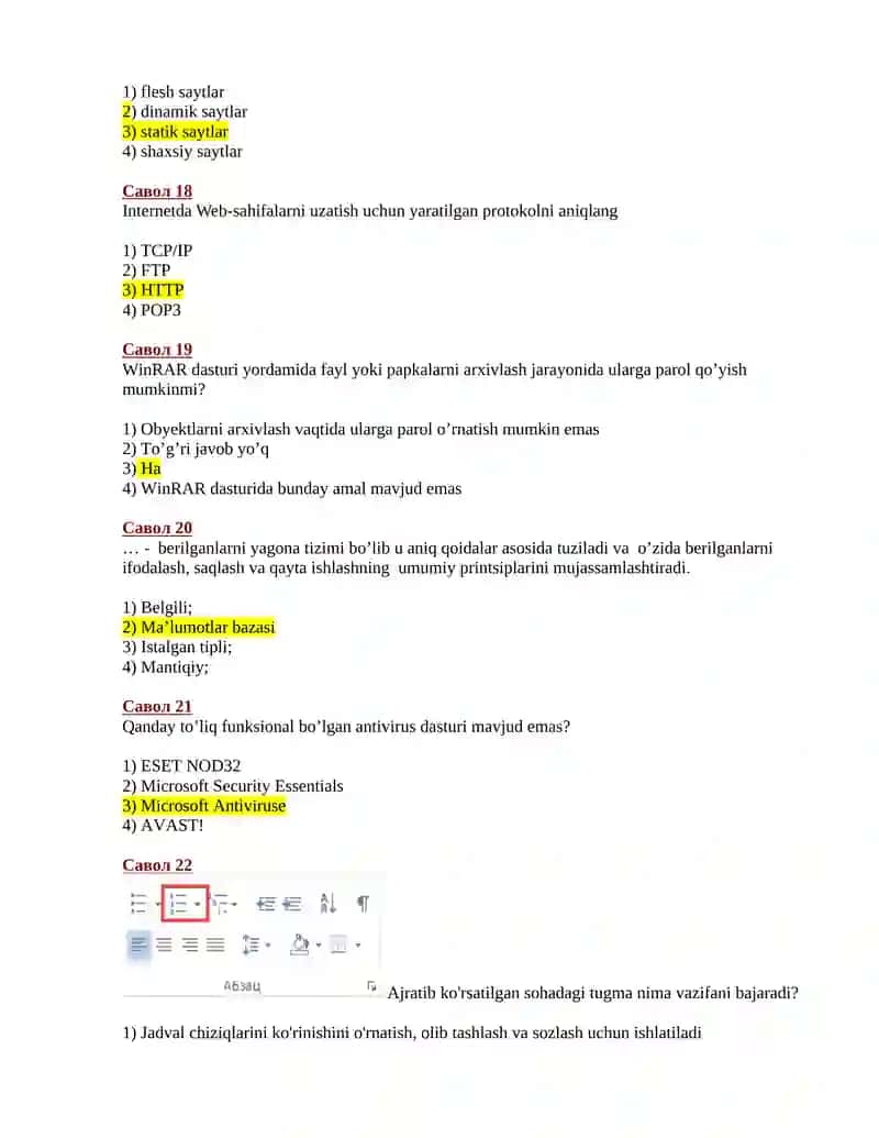 Informatika bo'yicha test savollari 4