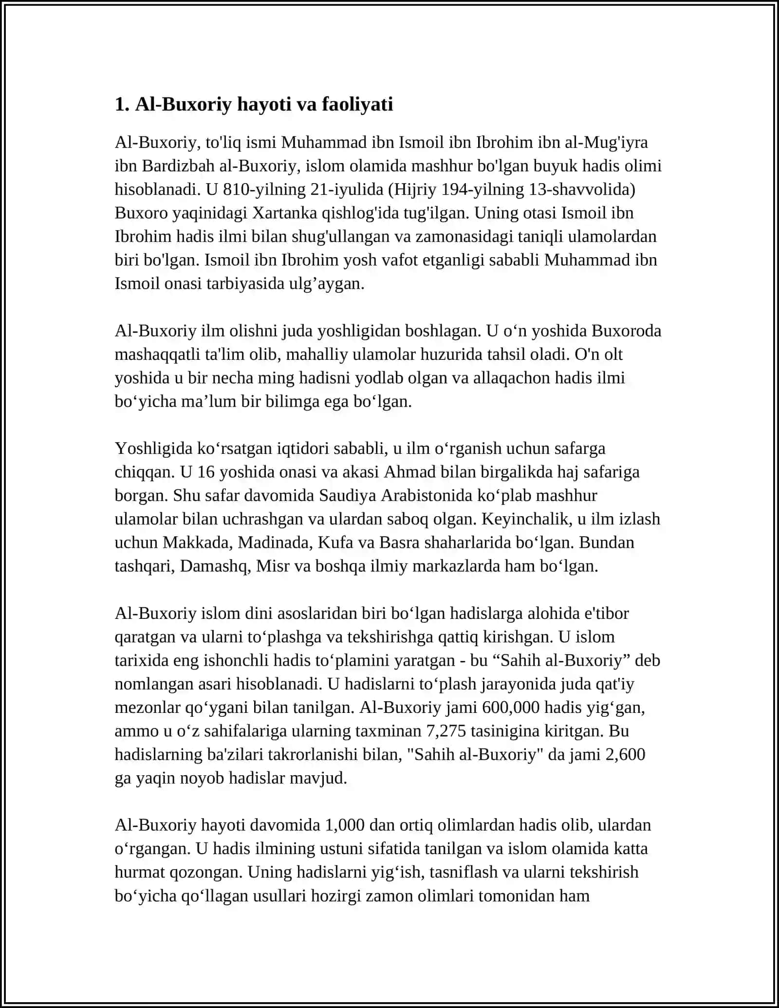 IMOM AL BUXORIY MUHADDISLAR SULTONI ASARI HAQIDA ESSE 4