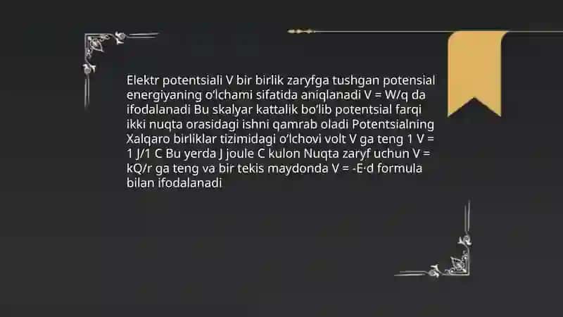 Elektr maydon kuchlanligi potensiali bajargan ish 4