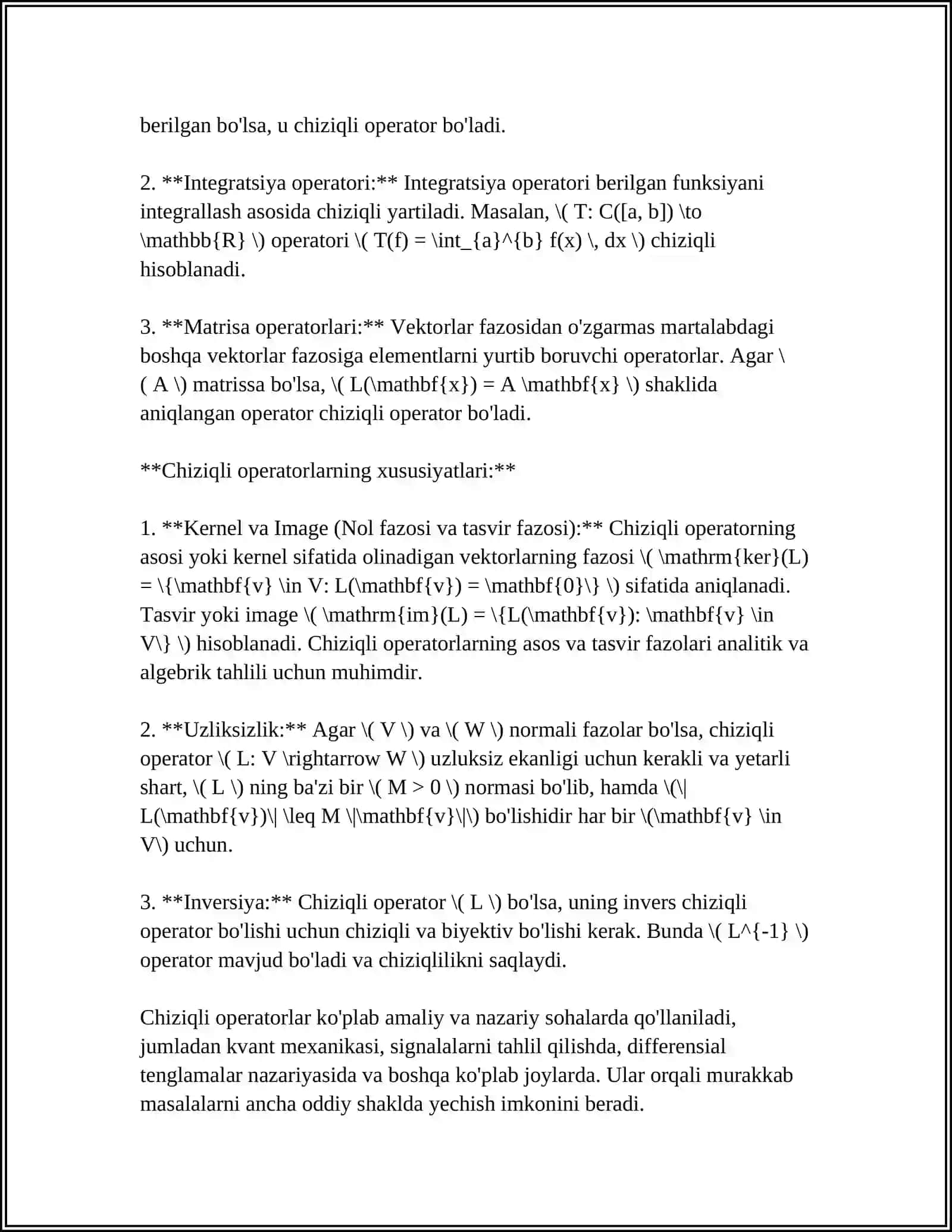CHIZIQLI OPERATORLAR VA ULARNING XOSSALARI 4