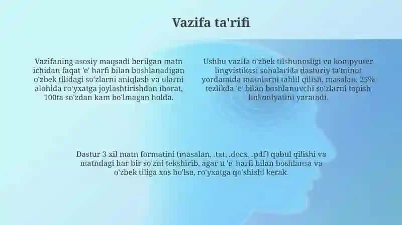 O'zbek tilida "E" harfi bilan boshlanuvchi o'zbek so'zlarning aniqlovchi dastur 4