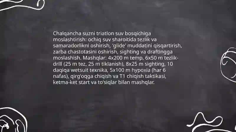 Triatlon sport turida kroll, chalqancha suzish, brass, batterlay mashgʻulotlarni tashkil qilish 4
