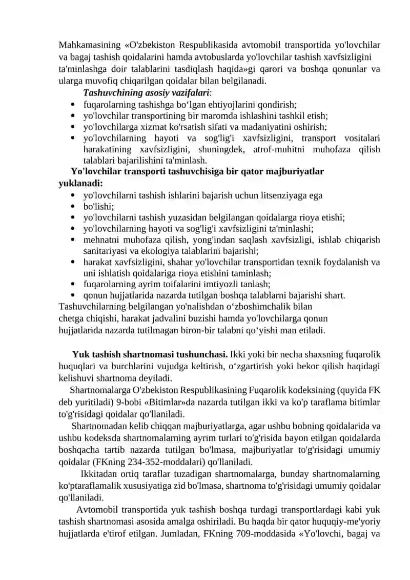 Avtomobil transportida yo`lovchi, yuk va pochta tashish shartnomasi 4