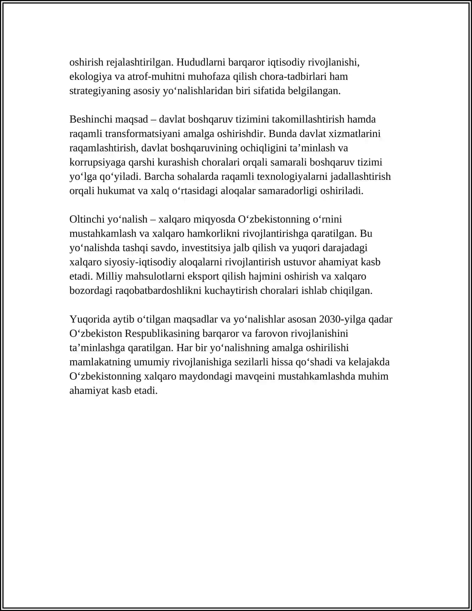 OʻZBEKISTON – 2030 STRATEGIYASINING MAZMUN-MOHIYATI REFERAT 4