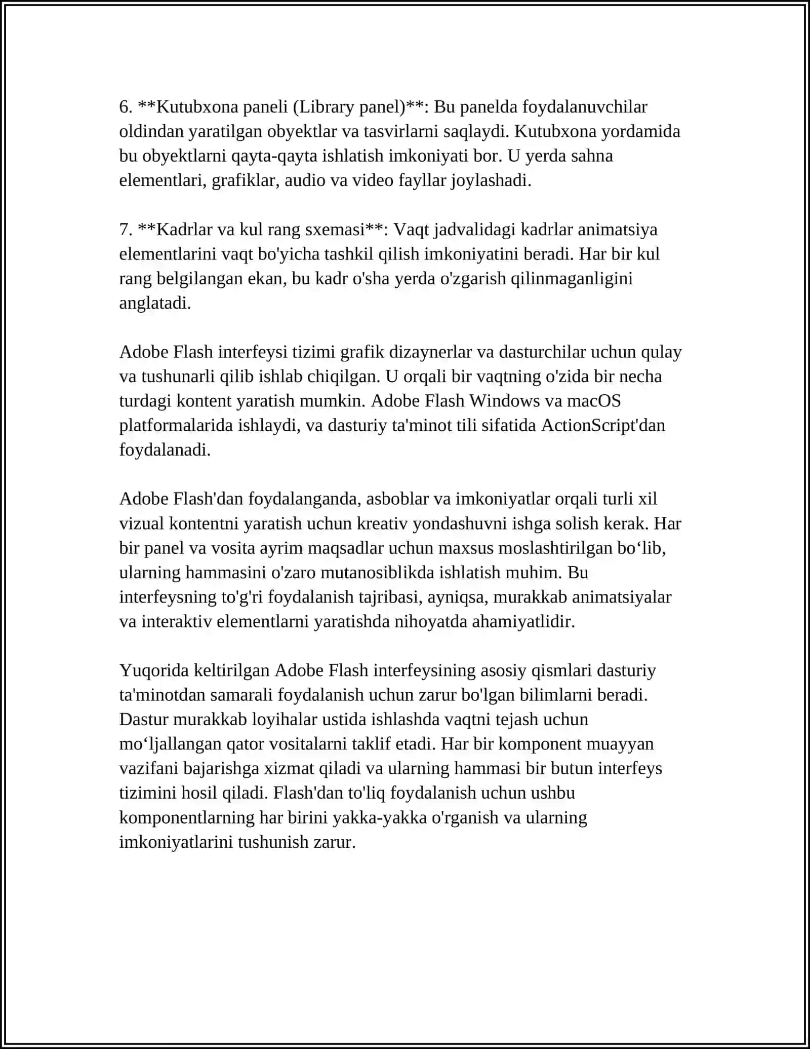 ADOBE FLASH DASTURI INTERFEYSI ELEMENTLARI. INSTRUMENTLAR PANELI. QATLAMLAR. KADR TURLARI 4