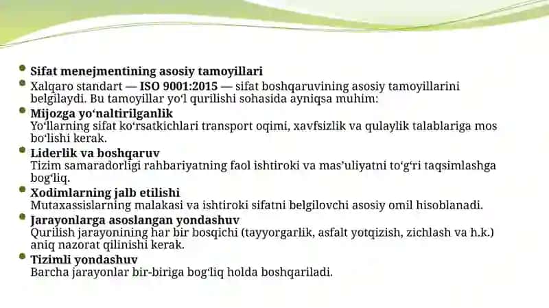 Yo’l qurilishda sifat menejmenti tizimini joriy qilish 4