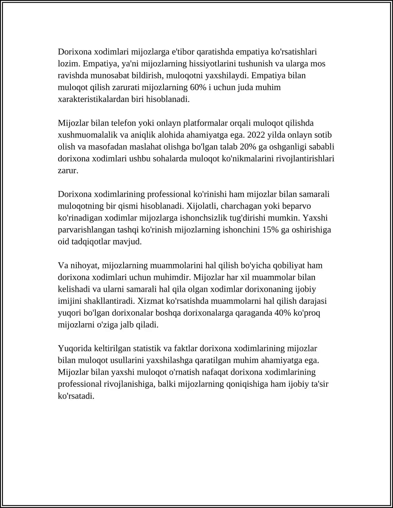 FARMATSEVTIK XODIMLARNI DORIXONA XARIDORLARI BILAN MUNOSABATLARI 4