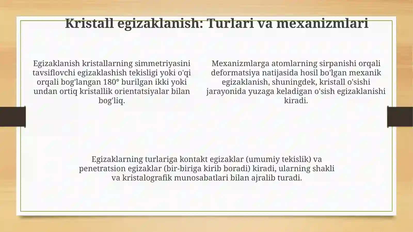 Miller indeksi kristallarning oʻtishi. Bruen zonasi 4
