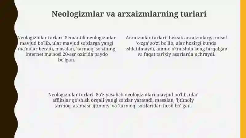 Maxsus adabiy lug'at: Neologizmlar va Arxaizmlar ta'rifi 4