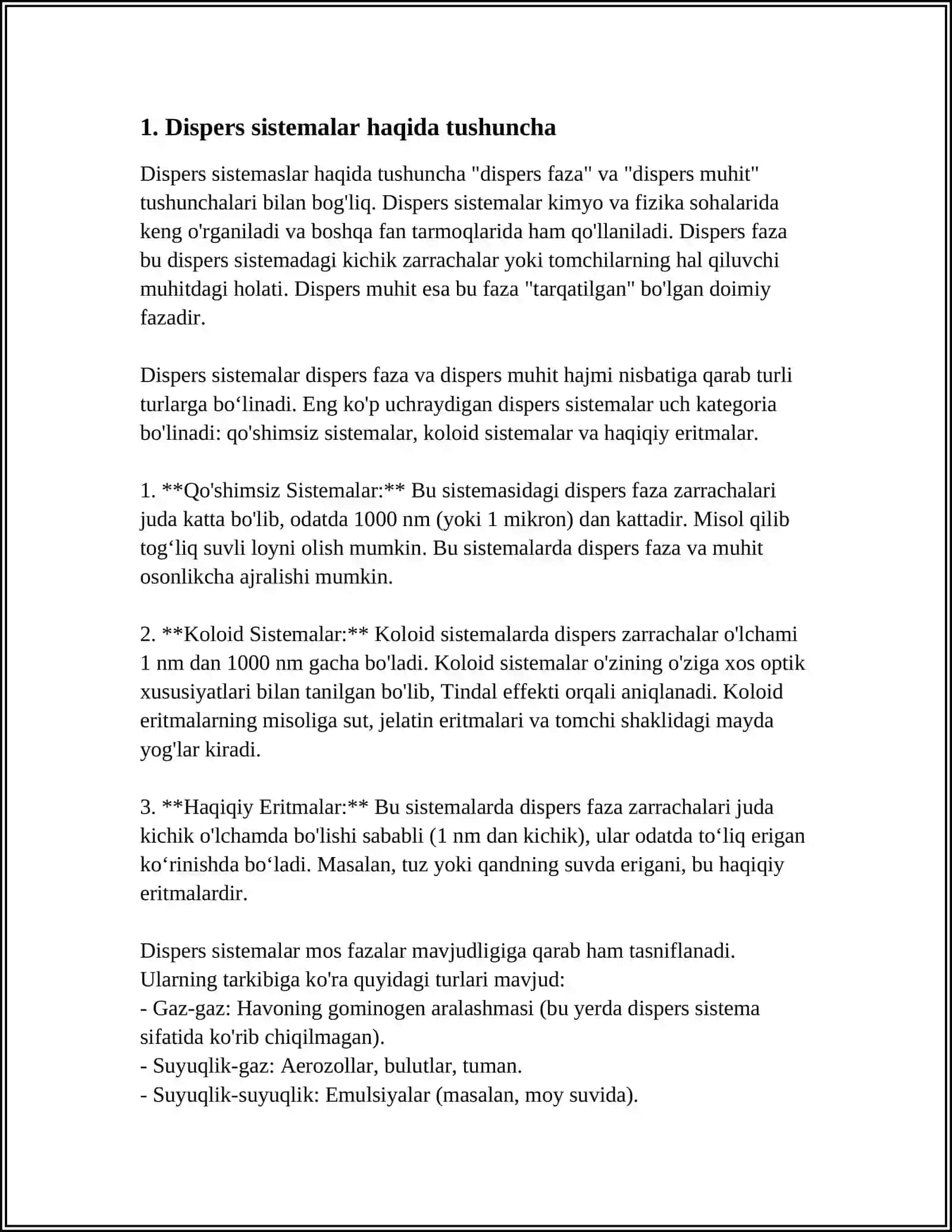 DISPERS SISTEMALAR. KOLLOID SISTEMALARNING KLASSIFIKATSIYASI, TUZILISHI, OLINISHI VA TOZALASH USULLARI. KOLLOID SISTEMALARNING MOLEKULYAR-KINETIK VA SPETSIIFIK XOSSALARI. KOLLOID SISTEMALARNING TURGUNLIGI. DAGAL-DISPERS SISTEMALAR 4