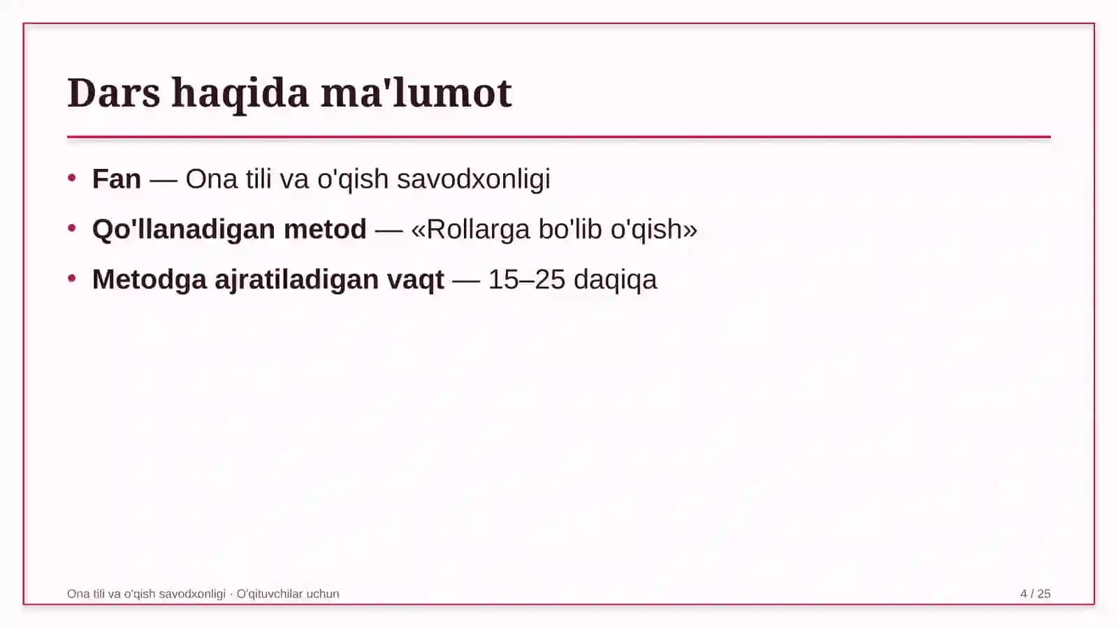 ona tili va o'qish savodxonligi darslarida rollarga bo'lib o'qish metodidan foydalanish 6131 4