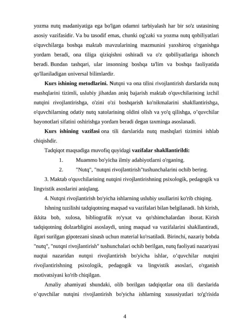 ONA TILI O’QITISH METODIKASI DARS MASHG’ULOTLARIDA O’QUVCHILARNING O’QIB, ESHITIB TUSGUNISH, OG’ZAKI VA YOZMA NUTQ MALAKASINI SHAKLLANTIRISH 4