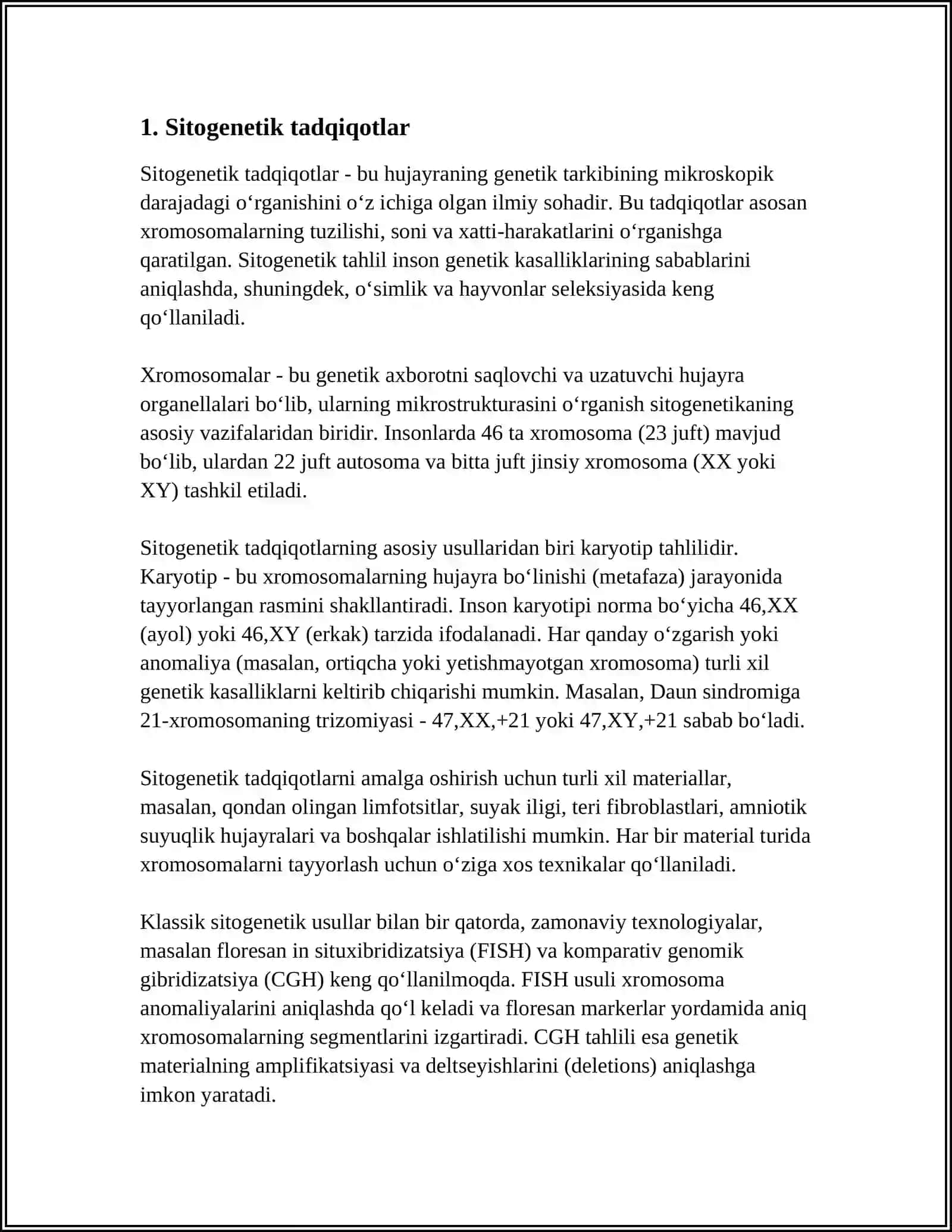 ODAM GENETIKASINING ORGANISH USULLARI SITOGENETIK POPULYATSION STATIK BIOKIMYOVIY PRENATAL DIOGNOSTIK USULLARI 4